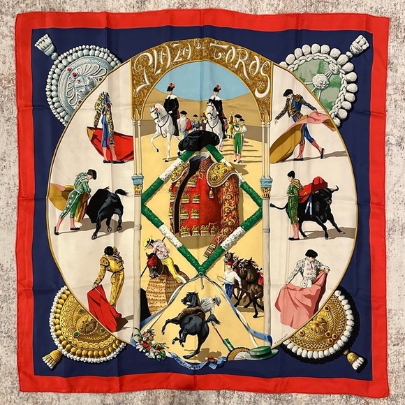 Hermes Silk Scarf PLAZA DE TOROS Foulard Carre HUBERT DE WATRIGANT 35x35” - Picture 1 of 9